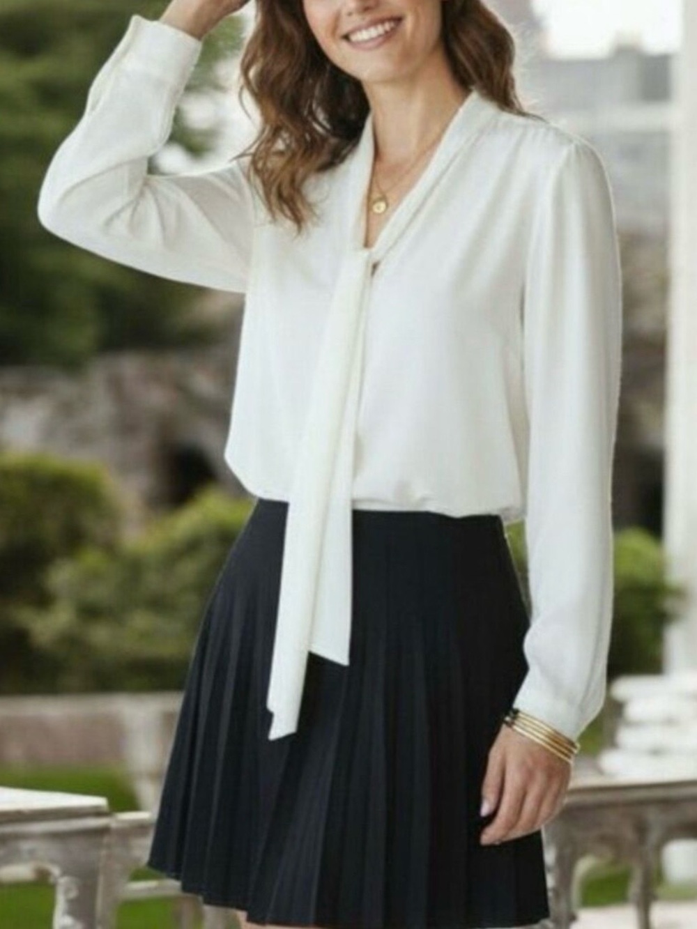 Reformation Freya Long Sleeve Tie-Neck Button Front Top in Cream‎ White